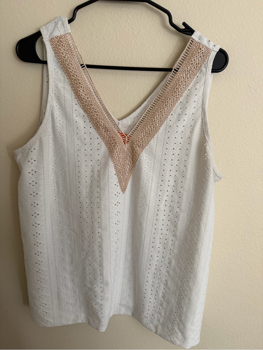 White Eyelet Tank with Beige Lace V-Neck (Cupshe)